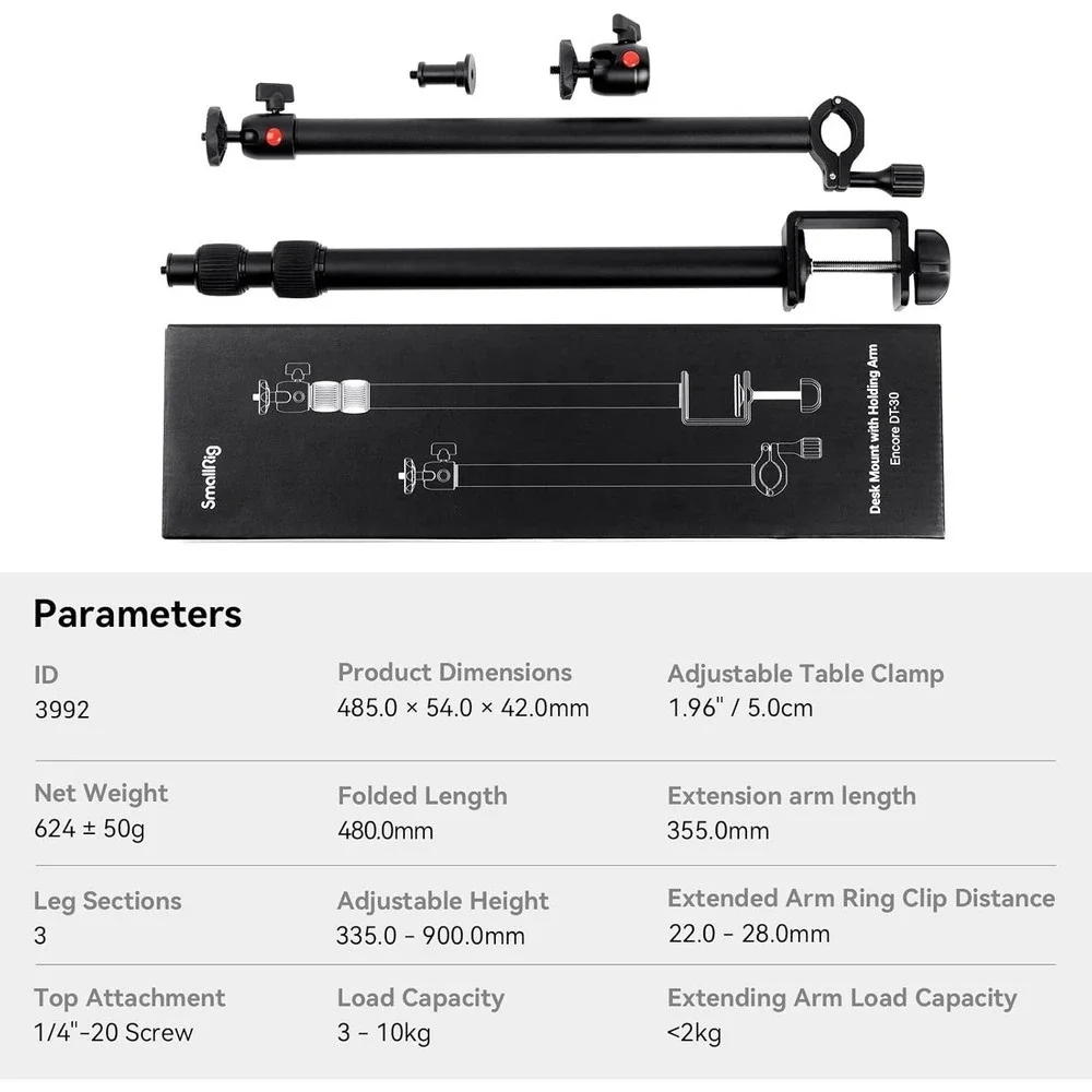 SMALLRIG 3992 Camera Desk Mount Stand C Clamp‎ 1/4 Ball Head Magic Arm
